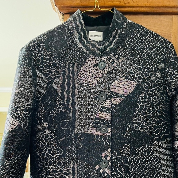 Chico’s woman’s metallic brocade jacket, Black/Silver, size 0 beautiful pattern- - Picture 7 of 16